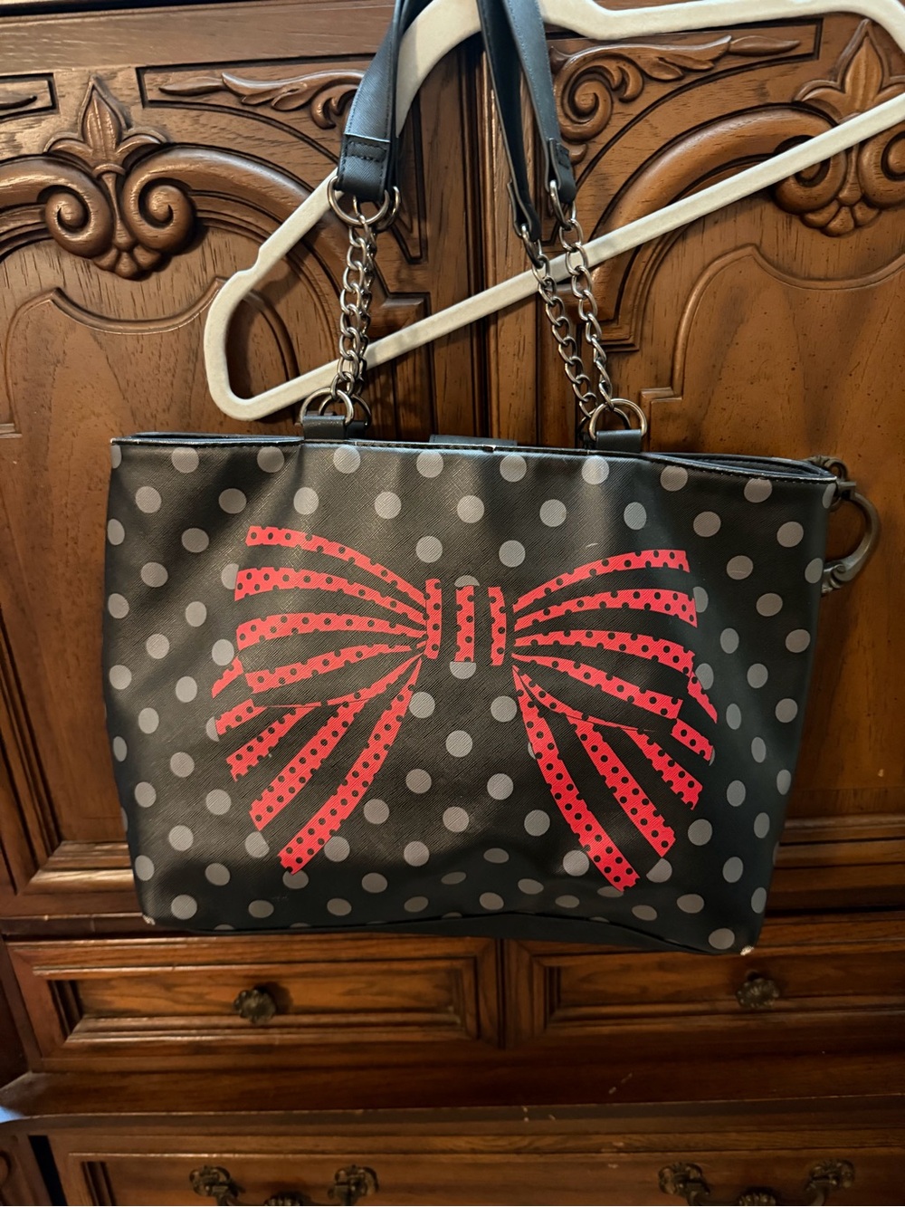 Betsey Johnson Black Polka Dot Tote with Red Bow Graphic